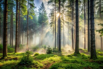 Fototapeta premium Mists rising from the forest floor amidst tall trees and underbrush, foliage, ambiance, forest