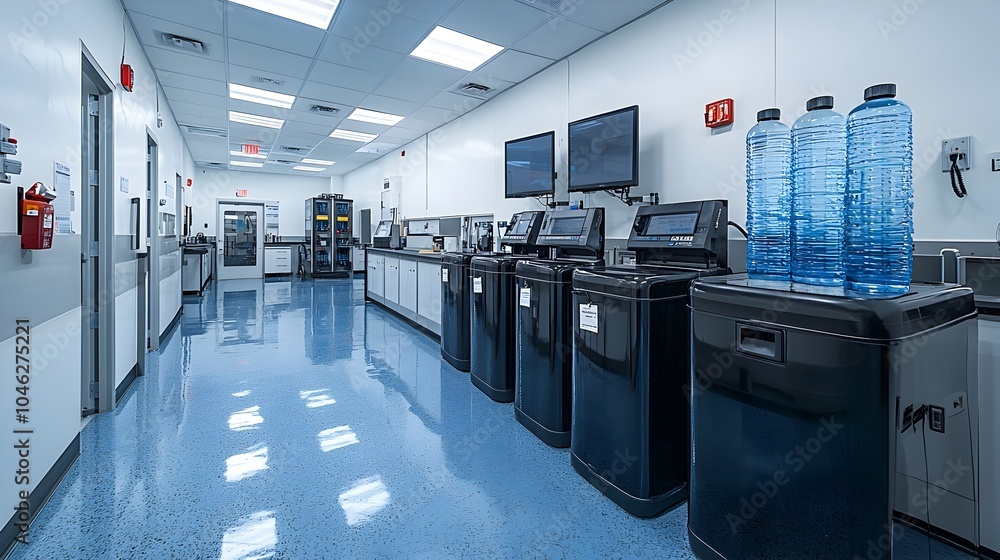 Poster automated smart manufacturing facility focused on water filter production with computerized assembly