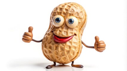 Charming raw peanut in shell playfully offers a thumbs-up gesture, elegantly displayed against a pristine white background, making it a fantastic choice for creative endeavors.