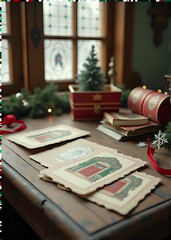 Christmas Gifts and Letters on Rustic Table with Candles