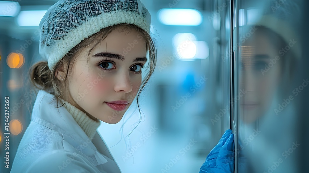 Poster technician inspecting refrigerator components in a smart factory setting utilizing iot technology to