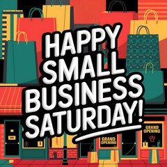 Happy Small Business Saturday with Storefront and Shopping Bags