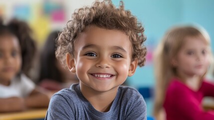 American child in diverse classroom: A child learning in a classroom with students from various cultural and ethnic backgrounds, representing the inclusivity and diversity of American education.