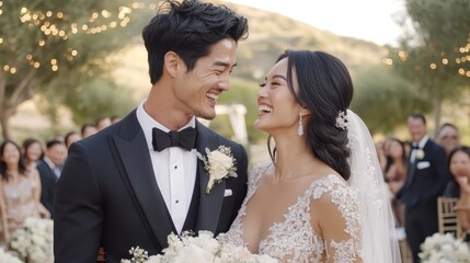 Bride and groom holding hands, smiling while walking through a flower-filled garden. Concept of happiness.