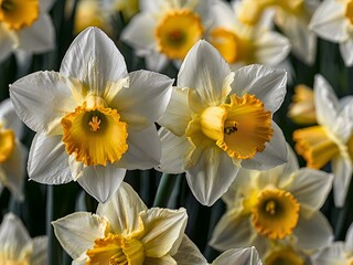 Fototapeta premium close up photo of white and yellow narcissus or daffodil flowers in a flower garden