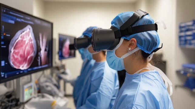 Doctors and medical students using virtual reality for surgical training, practicing procedures in a high-tech simulation room