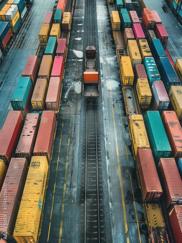 Poster Containers are being loaded from a truck onto a train in a busy transport yard, highlighting dynamic logistics operations. Generative AI