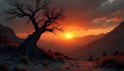 Fototapeta premium Lonely tree in a desert at sunset