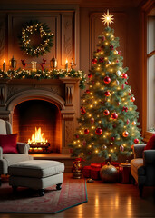 Cozy Living Room with Christmas Tree and Fireplace