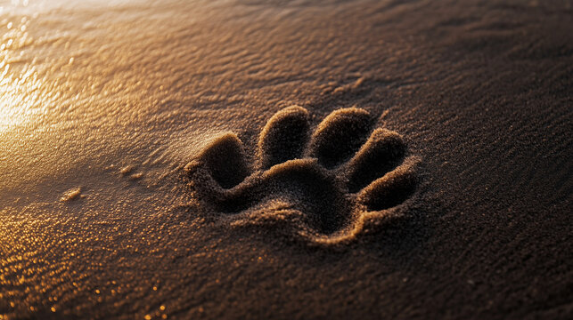 World Animal Day concept,large paw print is embedded in wet sand,reflecting warm golden hues of sunset at beach,suggesting nearby wildlife activity,copy space