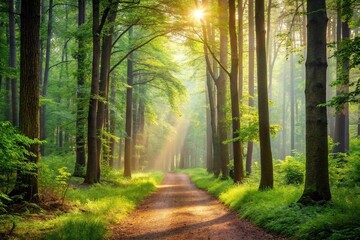 Fototapeta premium peaceful path through soft-covered forest in the morning