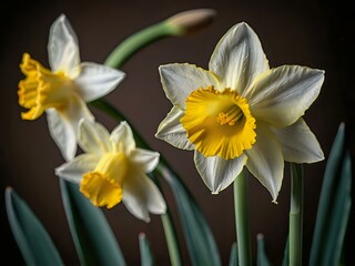 close up photo of white and yellow narcissus or daffodil flowers in a flower garden