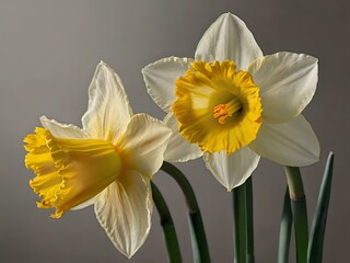 close up photo of white and yellow narcissus or daffodil flowers in a flower garden © Rafli