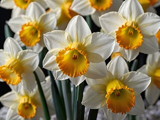 Obraz premium close up photo of white and yellow narcissus or daffodil flowers in a flower garden