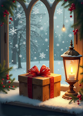 Christmas Gift and Lantern on Window Sill with Snow