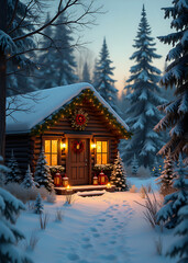 Cozy Snow-Covered Cabin with Christmas Wreath at Night