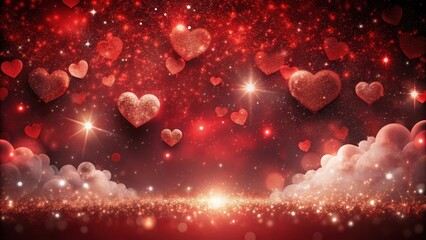Obraz premium Valentine Hearts Sparkling Red Background with cloud shaped hearts and particles floating in a dark atmosphere, Valentine