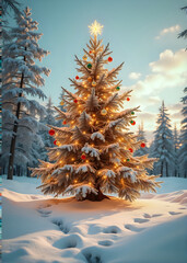 Christmas Tree with Ornaments in Snowy Landscape at Sunset