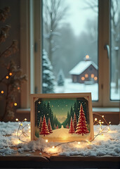 Christmas Card with Festive Scene by Window with Snow