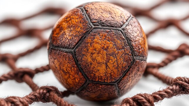 A textured soccer ball resting on a netting background.