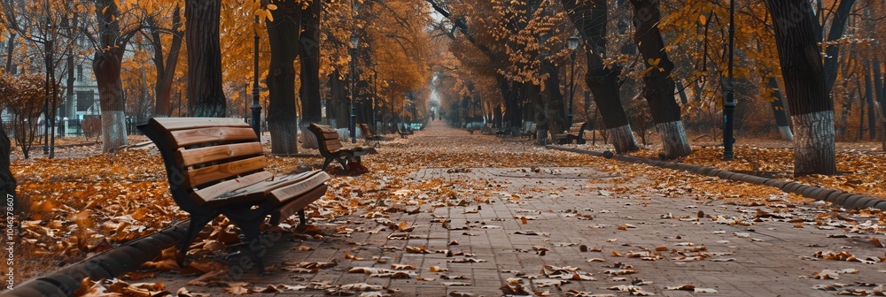 Poster visitors can enjoy a peaceful walk along pathways blanketed in fallen leaves, with benches inviting 