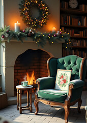 Christmas Armchair with Wreath and Gifts by Fireplace