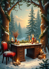 Christmas Desk Outdoors with Snow and Ornaments