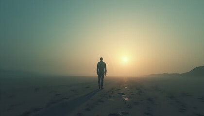  Person standing on a foggy beach at sunrise