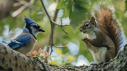 A squirrel and a blue jay having a conversation in a tree