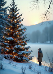 Christmas Tree by Snowy Lake at Sunset with Woman