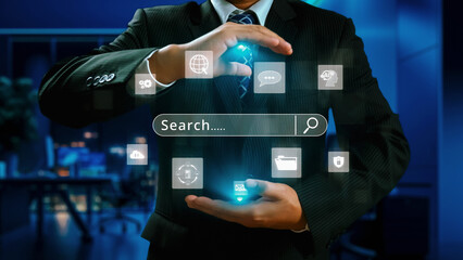 Business person conducts search engine research, extracting valuable data for strategic decisions. Utilizing search engines for comprehensive research and SEO data analysis. UUID