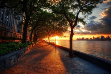 Battery Park Sunset: Romantic View of New York City's Park in Manhattan