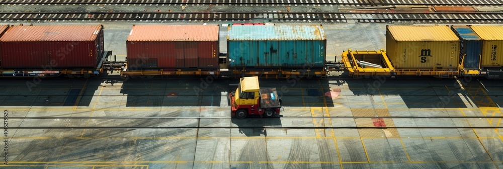 Poster containers are being loaded from a truck onto a train in a busy transport hub, highlighting modern l