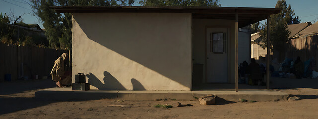 A small house with a shadow stretching far beyond it, with a figure sitting at the end, symbolizing the homelessness crisis.