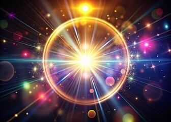 Naklejka premium Glowing lens flare streaks surrounded by halos and bokeh highlights on a dark backdrop produce striking overlay effects, infusing visuals with a sense of magic.