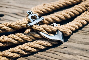 Fototapeta premium small anchor wrapped in rope represents the journey, symbolizing adventure and exploration on water. 