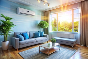 Fototapeta premium In a cozy, sunlit living room, a modern air conditioner provides refreshing, cool breezes, enhancing the atmosphere for ultimate comfort and relaxation throughout the day.