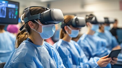 Medical students practicing in a virtual training environment, learning surgical techniques with VR technology