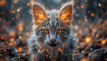 Fantasy cat with glowing eyes in an enchanted forest