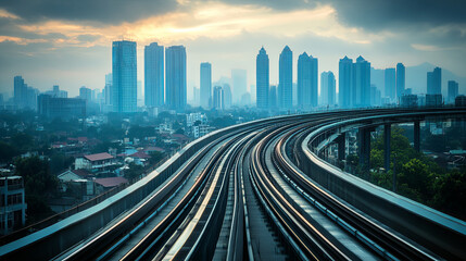 Fototapeta premium winding sky train track stretches through modern cityscape, showcasing towering skyscrapers against dramatic sky. scene evokes sense of urban exploration and adventure