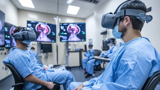 Medical students practicing in a virtual training environment, learning surgical techniques with VR technology - Powered by Adobe