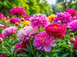 In full bloom, a vibrant summer garden showcases colorful peony bushes, painting a scene of natural beauty and joy with an impressive floral display.
