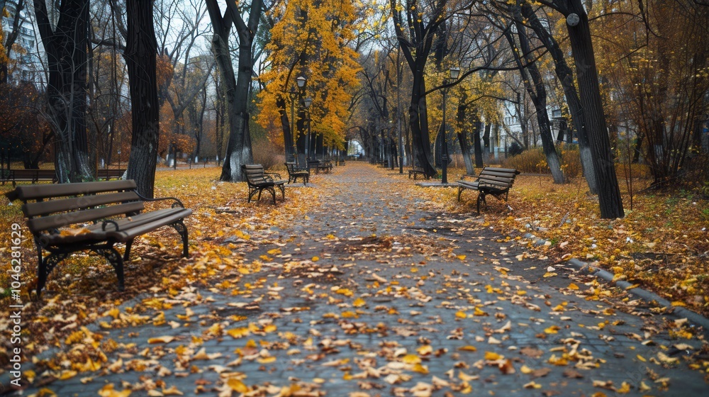 Poster pathways in an urban park are blanketed with vibrant autumn leaves, featuring benches for leisurely 
