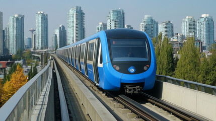 Obraz premium Modern sky train traveling through cityscape with tall buildings and greenery. sleek design of train contrasts with urban environment, showcasing efficient public transport