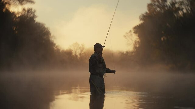 Young fly fisherman casting on a foggy river at sunrise