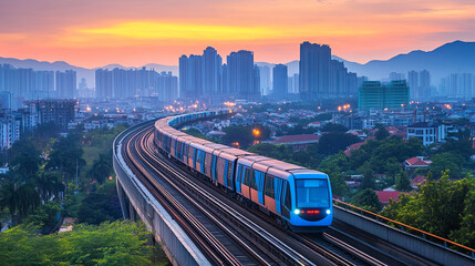Naklejka premium high speed sky train glides smoothly through vibrant cityscape at sunset, surrounded by towering buildings and lush greenery. scene captures dynamic blend of urban life and nature