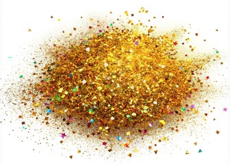 Luxurious gold glitter texture against a white backdrop, featuring a shimmering holographic sparkle and an exciting explosion of colorful confetti for added allure.