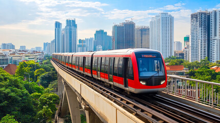 Obraz premium modern sky train glides smoothly above cityscape, showcasing blend of urban architecture and greenery. vibrant red train contrasts beautifully with skyline