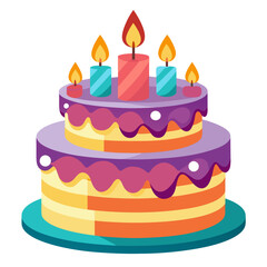 an illustration of a colorful birthday cake. It has two tiers with purple icing draped over the edges. The cake itself is striped with shades of orange and yellow. On top, there are five lit candles
