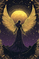 Celestial guardian a mystical figure with golden wings embracing the universe under a radiant moonlit sky